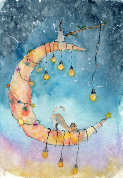 Детская открытка акварелью с кошкой и кроликом, сидящими на луне с лампами
 - Фото, изображение
