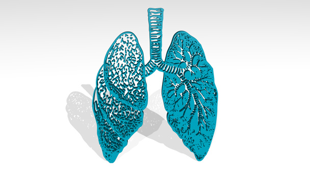 HUMAN LUNG from a perspective on the wall. A thick sculpture made of metallic materials of 3D rendering - Photo, Image