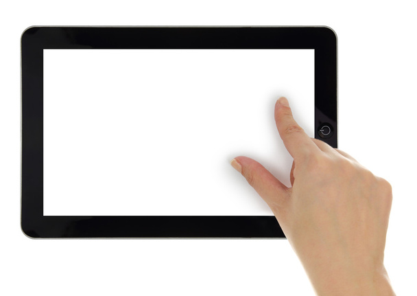 Female hand zoom in on tablet with blank screen isolated - Photo, Image