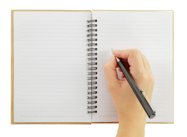 strony pisanie gest na białym tle notatnik i długopis - Zdjęcie, obraz
