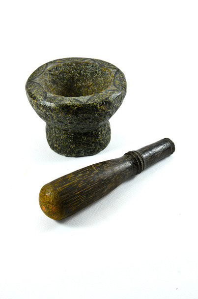 dřevěná miska a tlouček kamenné izolované - Fotografie, Obrázek