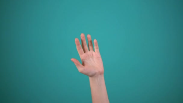 Hand winkt von Seite zu Seite, sagt HI isoliert auf blauem Hintergrund, grüßt - Filmmaterial, Video