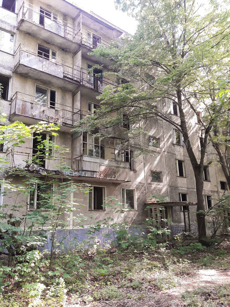 Immeuble surélevé abandonné avec balcons et porte d'entrée et arbre
 - Photo, image