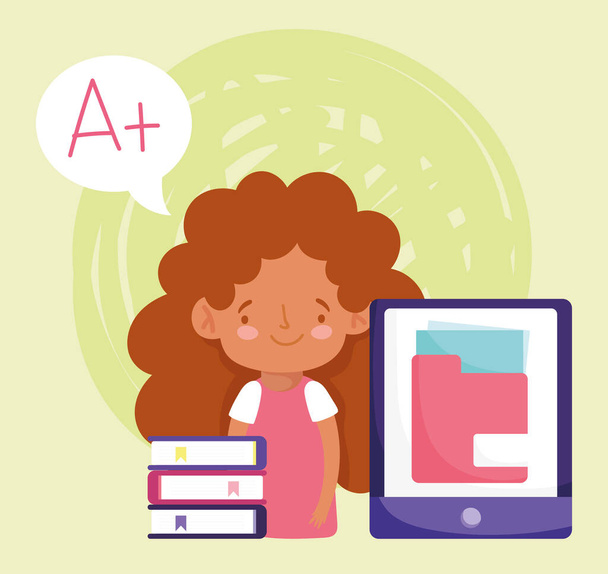 online koulutus söpö opiskelija tyttö älypuhelin kirjoja kotitehtäviä
 - Vektori, kuva