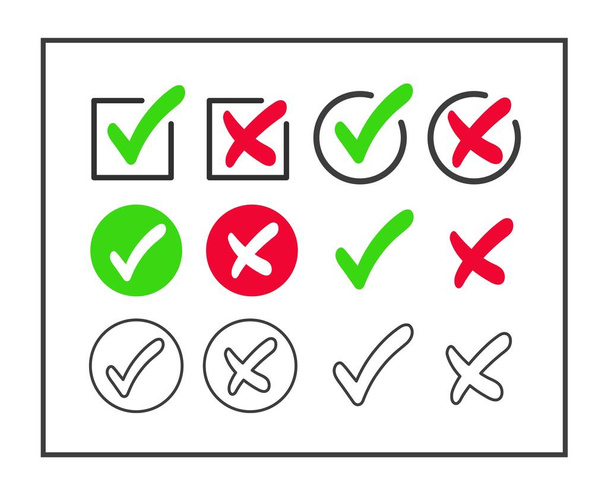 Vector checkmark και cross icon σύνολο απομονώνονται σε λευκό φόντο. Πράσινο τσιμπούρι και κόκκινο σταυρό. Ναι ή όχι;. - Διάνυσμα, εικόνα