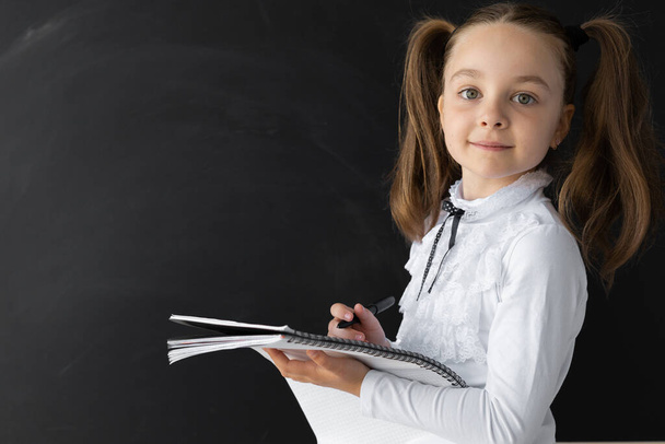 Egy iskoláslány áll a tábla mellett. Az arca a kamerába néz és pózol. Iskolai egyenruhás gyerek. A kezében van egy füzet és egy toll. Készen áll az írásra. A felirat helye. - Fotó, kép