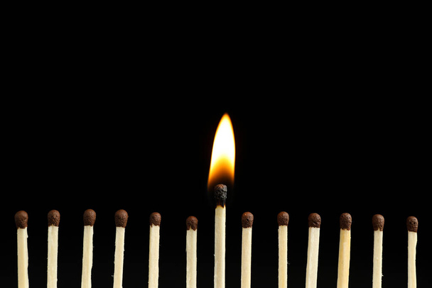 Burning match among unlit ones on black background, closeup - Fotoğraf, Görsel
