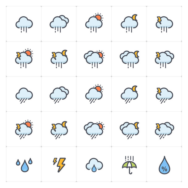 Symbolsatz - Wetter- und Vorhersageumrisse mit Farbvektorillustration auf weißem Hintergrund - Vektor, Bild