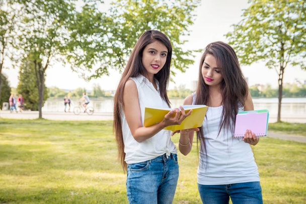 Mooie Indiase meisjes communiceren in het park, met notitieboekjes of boeken. Portret van twee vrouwelijke studenten buiten. Een meisje kijkt naar de camera - Foto, afbeelding