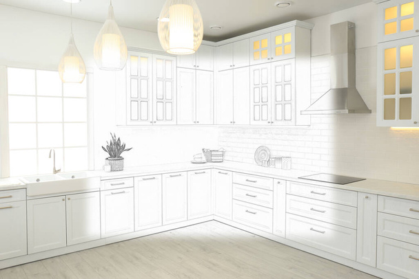 Beautiful kitchen with new stylish furniture. Illustrated interior design - Foto, immagini