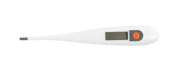 Modern digital thermometer on white background, top view - Fotoğraf, Görsel