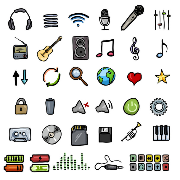 Vector Set of Color Doodle Music icons - Vector, Image