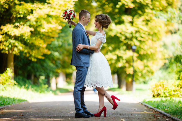Fabulous young wedding couple posing in the park on the sunny day. - Foto, afbeelding