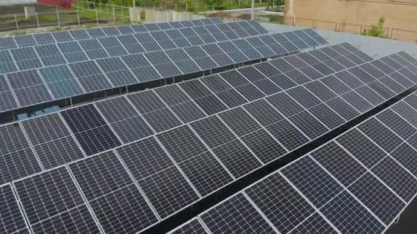 4kソーラーパネルはドローンから地上の列に立っています。家のための無料電気。地球の持続可能性。緑のエネルギー。太陽電池発電所。生態系のクリーンエネルギー。地上の青いパネル. - 映像、動画
