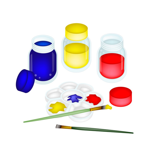 kleur verf potten en palet met kunstenaar borstels - Vector, afbeelding