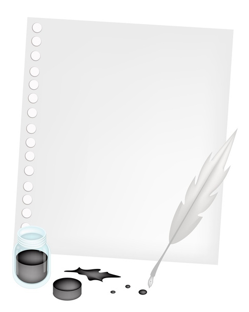 インク壺と羽を持つ空白の紙 - ベクター画像