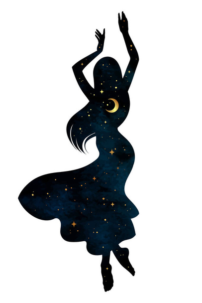 Prachtig dansend zigeunersilhouet met halve maan en sterren in profiel geïsoleerd. Boho chique tatoeage, sticker of print ontwerp vector illustratie - Vector, afbeelding