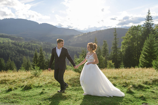 Huwelijksfotografie in de bergen. De bruid en bruidegom houden hand in hand. Een man leidt een vrouw.. - Foto, afbeelding