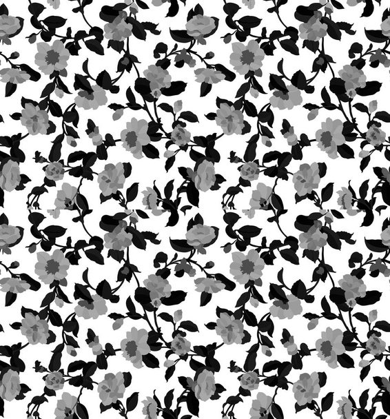 Bloemen naadloos patroon met verschillende bloemen en bladeren. Zwart-wit Botanische illustratie hand geschilderd. Textielprint, stofstaal, inpakpapier. - Foto, afbeelding