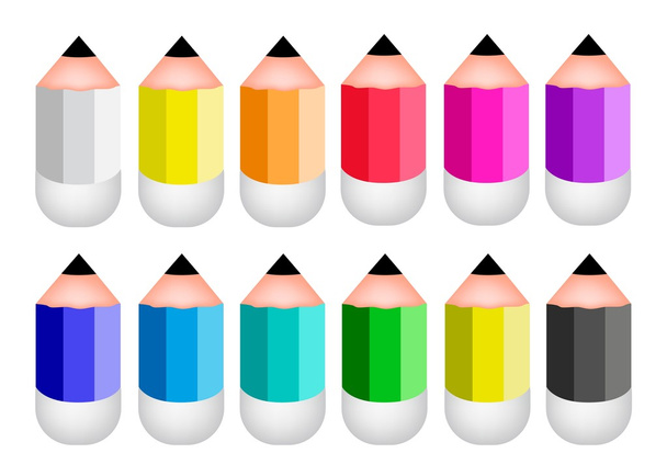 Цветные заостренные иконки карандаша на белом фоне
 - Вектор,изображение
