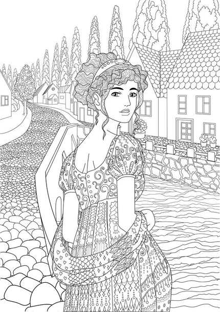 Libro para colorear para adultos con hermosa princesa vestida con traje histórico en el estilo imperio de pie en el lindo pueblo europeo
 - Vector, imagen