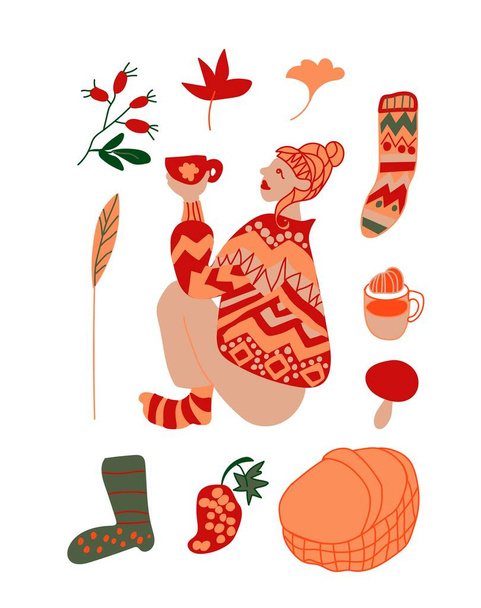 Διάνυσμα φθινοπωρινό σετ Εικονογραφήσεις με κορίτσι, φύλλα, βραστήρα, μπότες καπουτσίνο, σταφύλια, καλάθι, μάλλινη κάλτσα σε πορτοκαλί, κόκκινο και πράσινο σε στυλ doodle.. - Διάνυσμα, εικόνα
