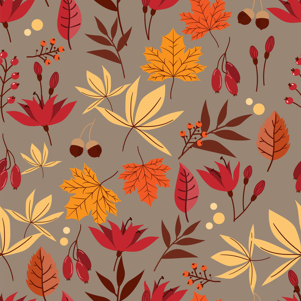 Autumn floral seamless pattern of fall leaves with maple leaves, berries, acorns and flowers on brown background. Vector illustration. - Vektor, Bild