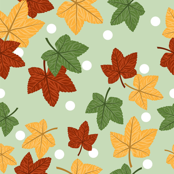 Őszi virágos zökkenőmentes minta őszi juharfalevelek és fehér pont a zöld háttér. Vektorillusztráció. - Vektor, kép
