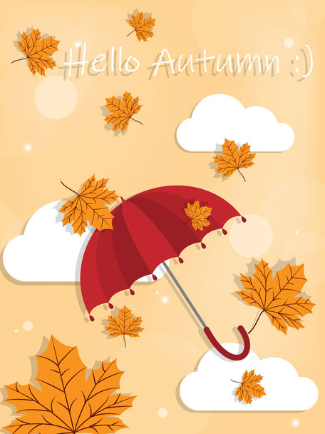 Hello Autumn text and red umbrella on yellow sky with fall leaves and cloud. Vector illustration. - Wektor, obraz