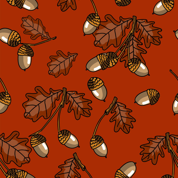 Patrón sin costura floral otoñal de hojas de roble y bellotas sobre fondo naranja. Ilustración vectorial
. - Vector, imagen