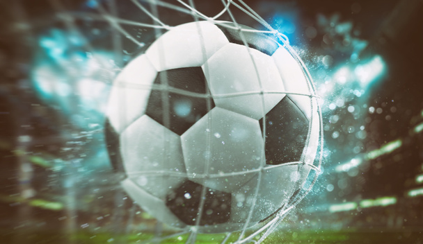 Крупный план мяча, попадающего в сетку в футбольном матче
 - Фото, изображение