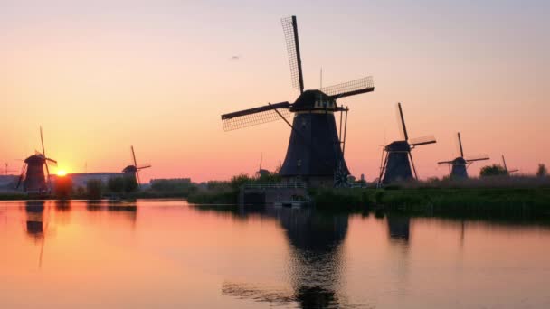 Нідерландські вітряки на сільському ландшафті в знаменитому туристичному місці Kinderdijk в Голландії на заході сонця з драматичним небом і віддзеркалюванням води. - Кадри, відео