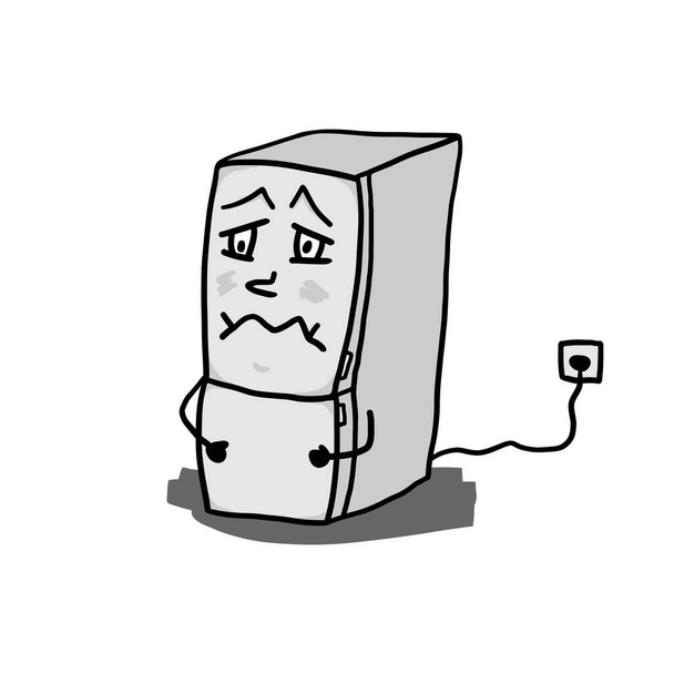 変な冷蔵庫のマスコット。悲しい顔をしたアイスボックスキャラクターの漫画デザイン。絶縁ベクトル図面。手描きの冷蔵庫のドア、白い背景の漫画イラスト. - ベクター画像