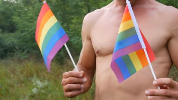 A törzs egy fiatal, cserzett férfi atlétikai teste, aki a kezében tartja a szivárványt Meleg büszkeség LMBT zászló a kezében a szokatlan tájékozódás szimbóluma a zöld természet hátterével szemben. - Felvétel, videó
