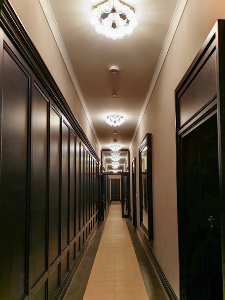 Couloir élégant dans un immeuble exclusif avec des murs sombres et de belles lampes
 - Photo, image