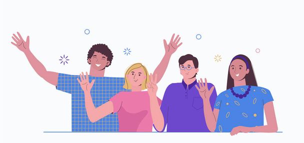 A group of girls and boys met together. Friends are happy for the holiday. Welcome gestures. Happy people. Vector illustration in cartoon flat style - Vector, Image
