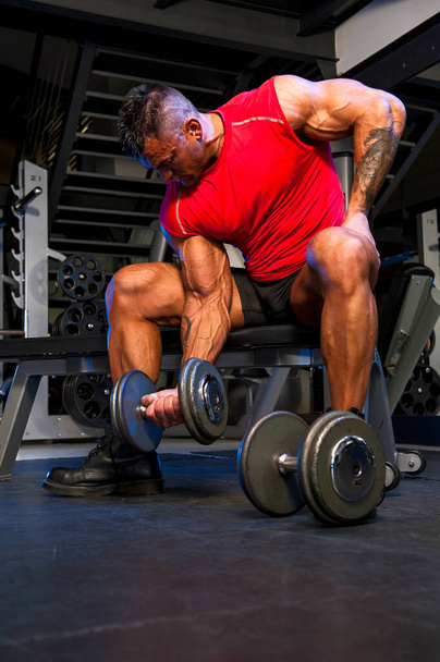 Body Builder Lifting Weights, Performing Bicep Curls - Photo, Image