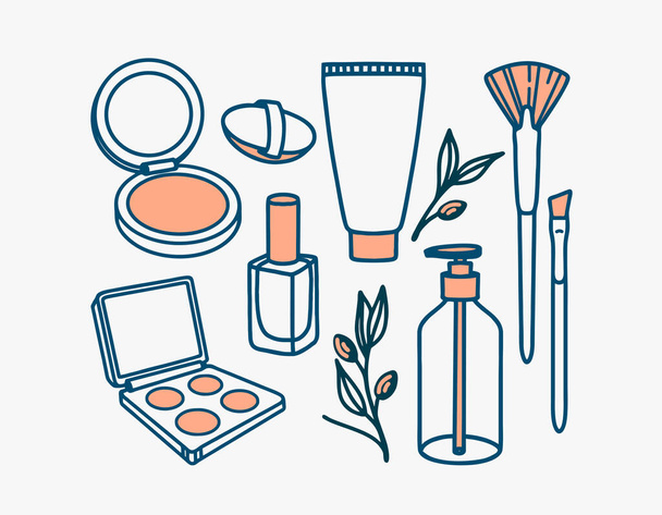 Hand drawn line vector icon set of makeup and cosmetics bottle, brushes. llustration of make up collection face or hand cream, nail polish, powder and sponge, eyeshadow, bottle with dispenser - Vector, Image