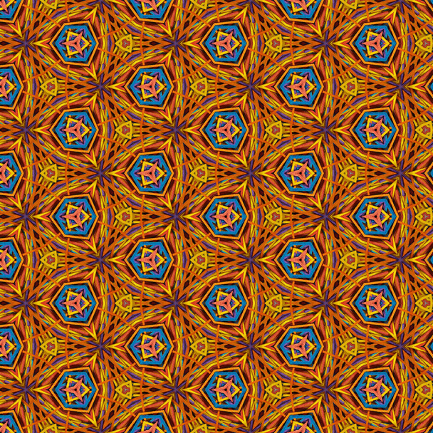 オレンジ、赤、青、緑、紫の棒のスタックを使用して作成万華鏡パターン。円の近くに様々なサイズの放射状の六角形があります。. - 写真・画像