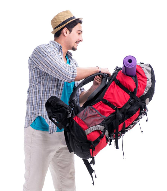 Backpacker met grote rugzak geïsoleerd op wit - Foto, afbeelding