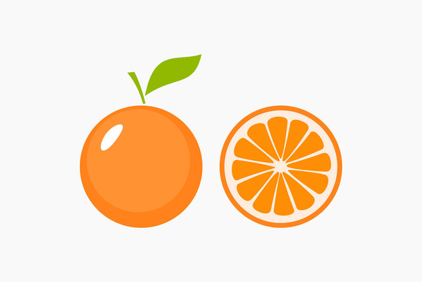 Διανυσματική εικόνα ολόκληρου του πορτοκαλιού με φύλλα και τα μισά σε γκρι φόντο. - Διάνυσμα, εικόνα