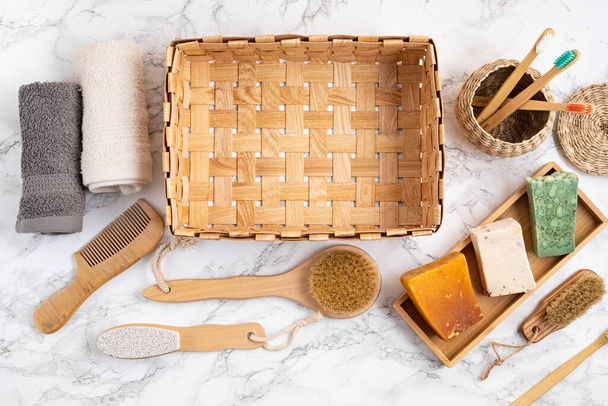 Zero waste bathroom kit. Set of eco friendly personal hygieny reusable accessories. Bamboo tooth brushes, soap bars, dry shampoo. Sustainable, ethical, plastic free idea - Photo, image
