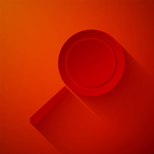 Papiergeschnittenes Bratpfannensymbol isoliert auf rotem Hintergrund. Frittieren oder Braten. Papierkunst. Vektorillustration - Vektor, Bild