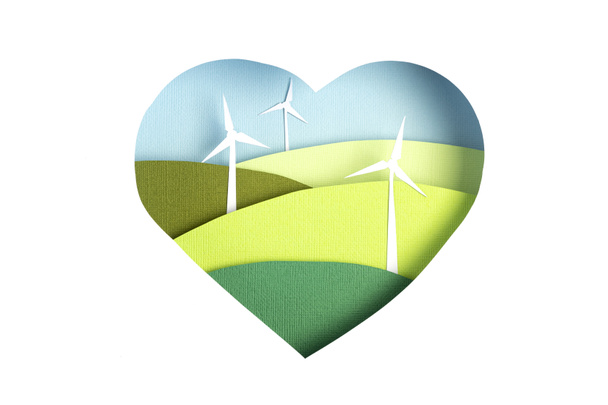 Zielona alternatywna ekologiczna energia. Turbiny wiatrowe krajobrazy w papierze rozcięte serce. Koncepcja ekologiczna papierniczych jednostek pływających - Zdjęcie, obraz