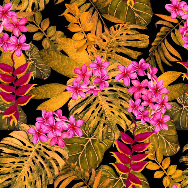 Hawaiian floral seamless pattern with watercolor tropical leaves and flowers. Exotic Plumeria and Heliconia. Colorful hand drawn illustration. Tropical summer print. - Photo, image