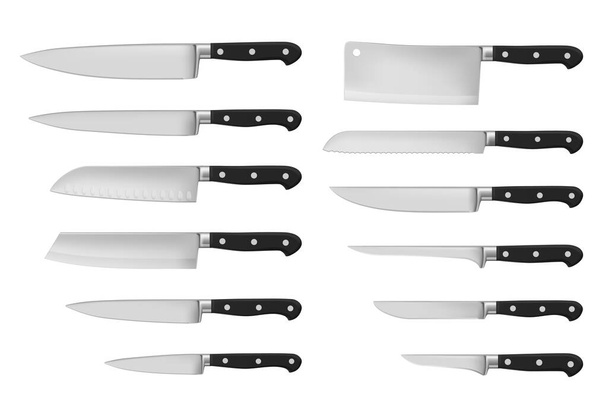 La cocina y los cuchillos de corte de carne establecen un vector realista de herramientas de chef y carnicero. Esquiladora, talladora y picadora de acero inoxidable, chefs, fileteado, deshuesado y deshuesado de cuchillos con asas negras, diseño de cubiertos
 - Vector, Imagen