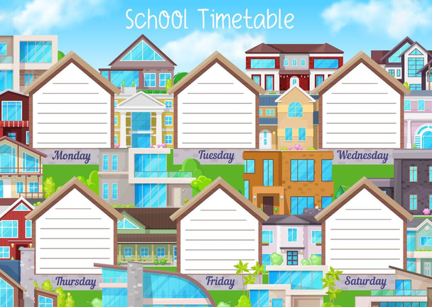 Koulun aikataulu, koulutuksen aikataulu tai opiskelija suunnittelija vektori malli. Viikoittainen kaavio tai opintosuunnitelma taustalla kerrostalojen, mökkien, kylän kodin, huvilan, bungalowin, rivitalon rakennuksilla
 - Vektori, kuva