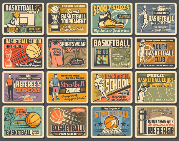 Баскетболист ретро-плакаты с векторными мячами, корзинами и обручами. Командные баскетбольные корты, кубки победителей, униформа и кроссовки, табло для матчей чемпионата и рефери
 - Вектор,изображение