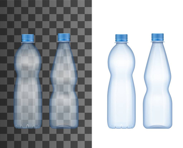 プラスチックボトル水と飲料パッケージベクトルデザインの現実的なモックアップ。青いネジキャップ、ソーダの冷たい飲料包装、クリアまたはミネラルウォーターとソフトドリンク付きの透明な容器を空にします。 - ベクター画像