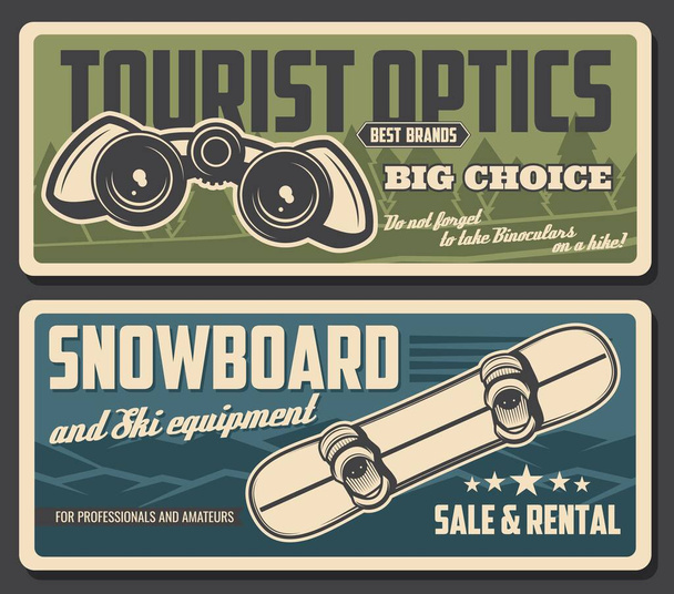 Snowboard és távcső vektor tervezése turisztikai berendezések és snowboard sport felszerelés. Téli hegyek és erdei fák, turistaszínű üvegek és snowboardos deszka kötéssel - Vektor, kép